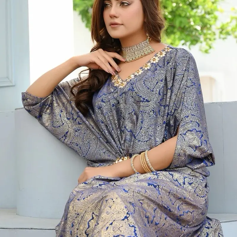 EID DELIVERY*  Kaftan Embroidered Chiffon pleated gold stunning outfit sizes S,M,L available