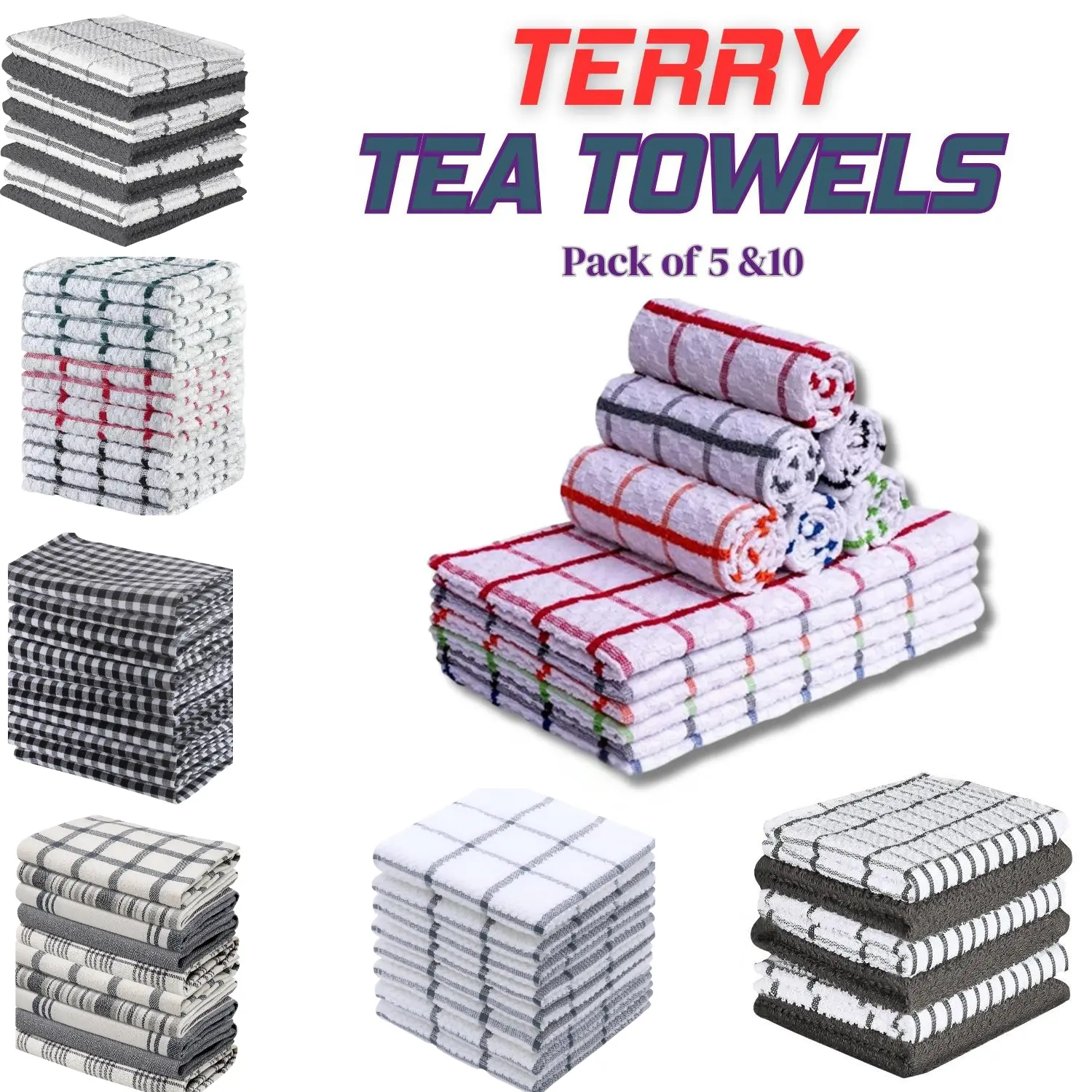 Terry Tea Towels 100% Egyptian Cotton - Cleaning Kitchen Hand Towels & Dish Cloths Set - Highly Absorbent & Soft Touch - Pack of 5, 6,8 ,10 & 12