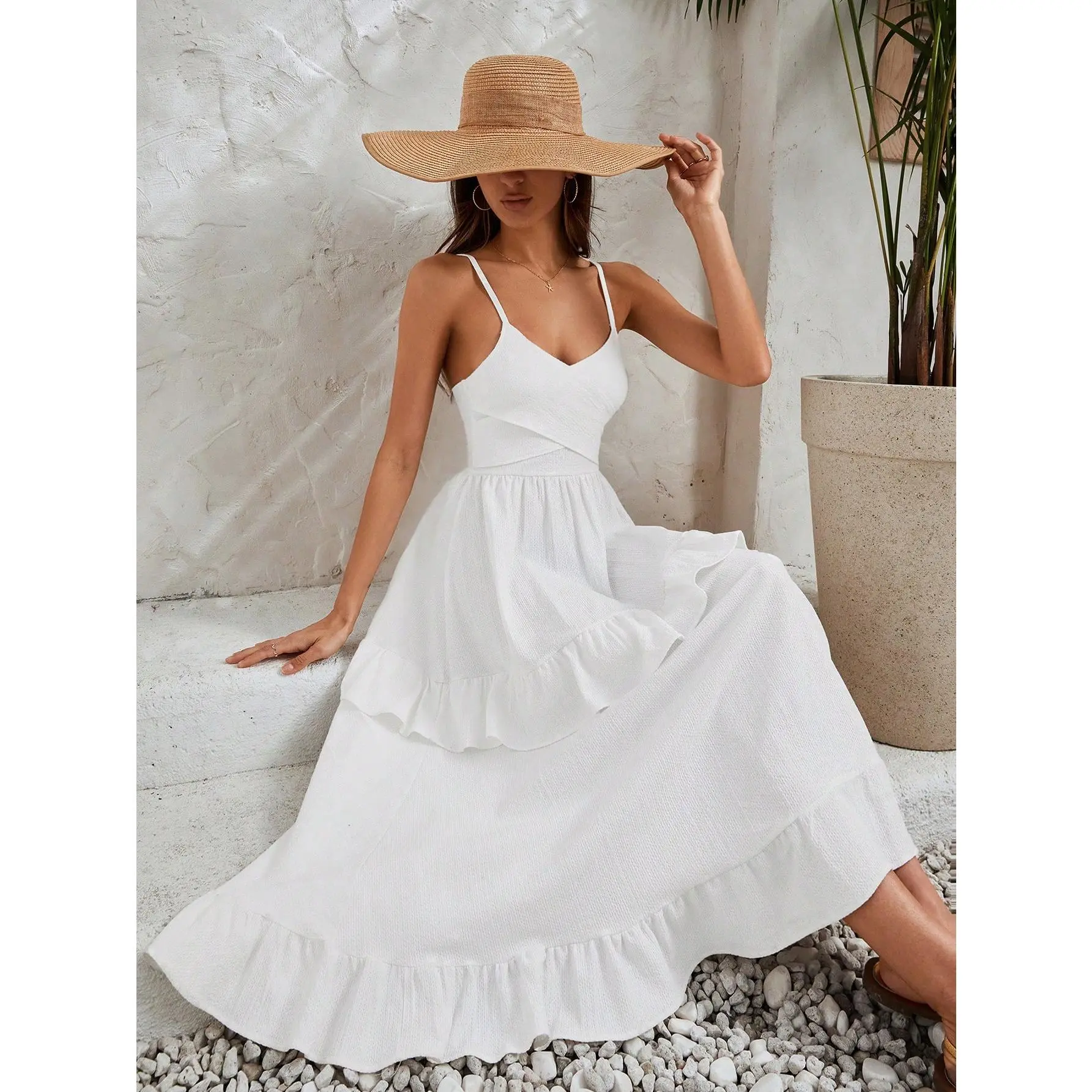 ​Women's DressesSummer White Beach Long White Sundress With Ruffle Detail【S12】 Casual Sleeve Womenswear Fit Polyester Strap Comfort Fabric Spaghetti Sheer date  night  outfit see  dress summer  maxi  dress dinner  dress  women