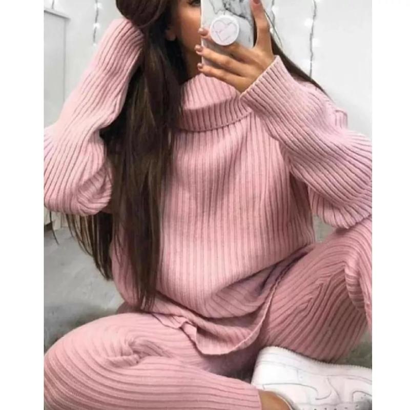 Ladies Chunky Knitted Loungewear Ladies Polo High Neck Top Leggings Suit Womenswear Overalls Underwear Lady Women Comfort Basic Long Sleeve Minimalist Chic Comfortable 4