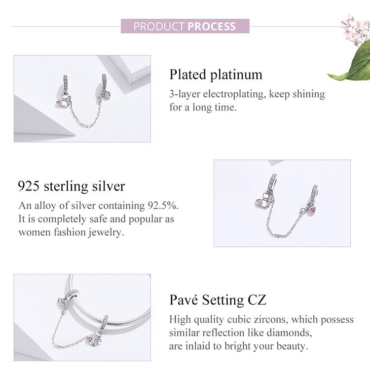 Genuine 925 Sterling Silver I Love My Cat Safety Chain Charm Bead With Cubic Zirconia Compatible With Pandora Bracelets 5