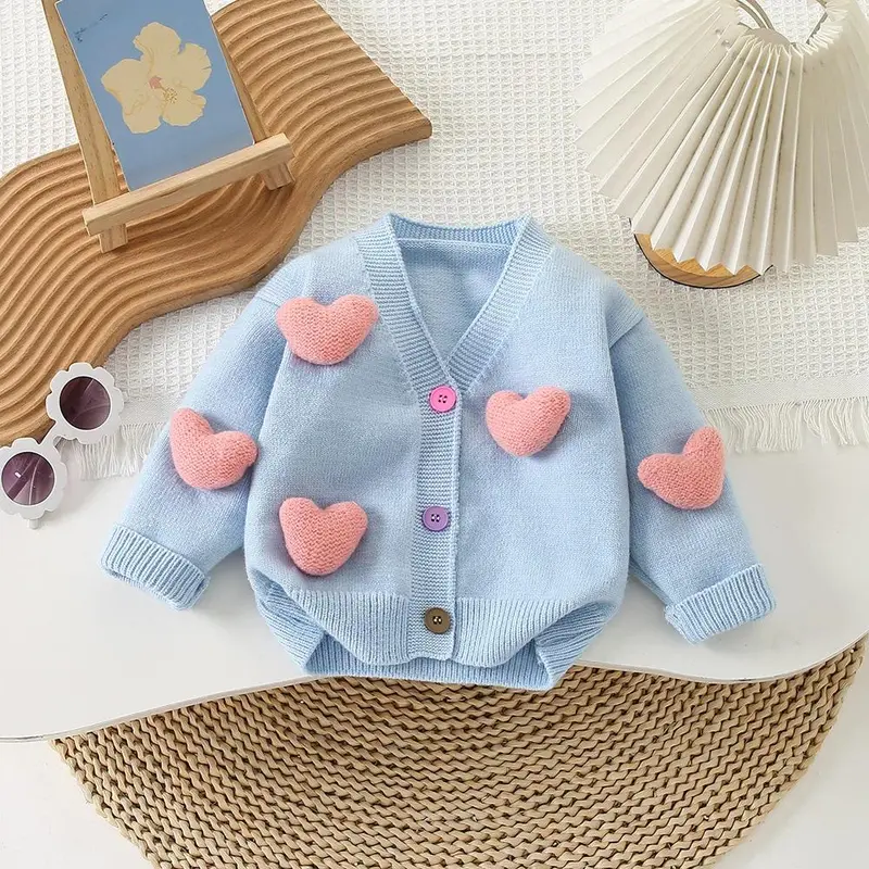 2-7Y Girls Clothing Set 3D Heart Sweaters And Tulle Skirts 2 PCs Knit Suits Girls Knit Cardigans 4