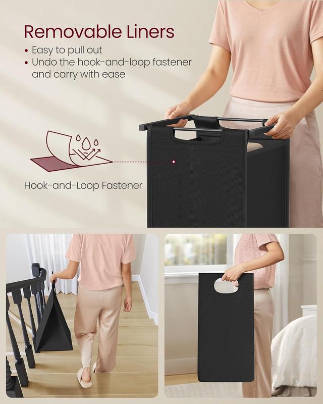 SONGMICS HOME Laundry Basket with Storage Shelf, 2/3-Compartment Laundry Hamper, Pull-Out and Removable Laundry Bags, Laundry Sorter, Shelf, Metal Frame, 2 x 46L, 3 x 38L, Light Organiser Plastic Adjustable Steel 3