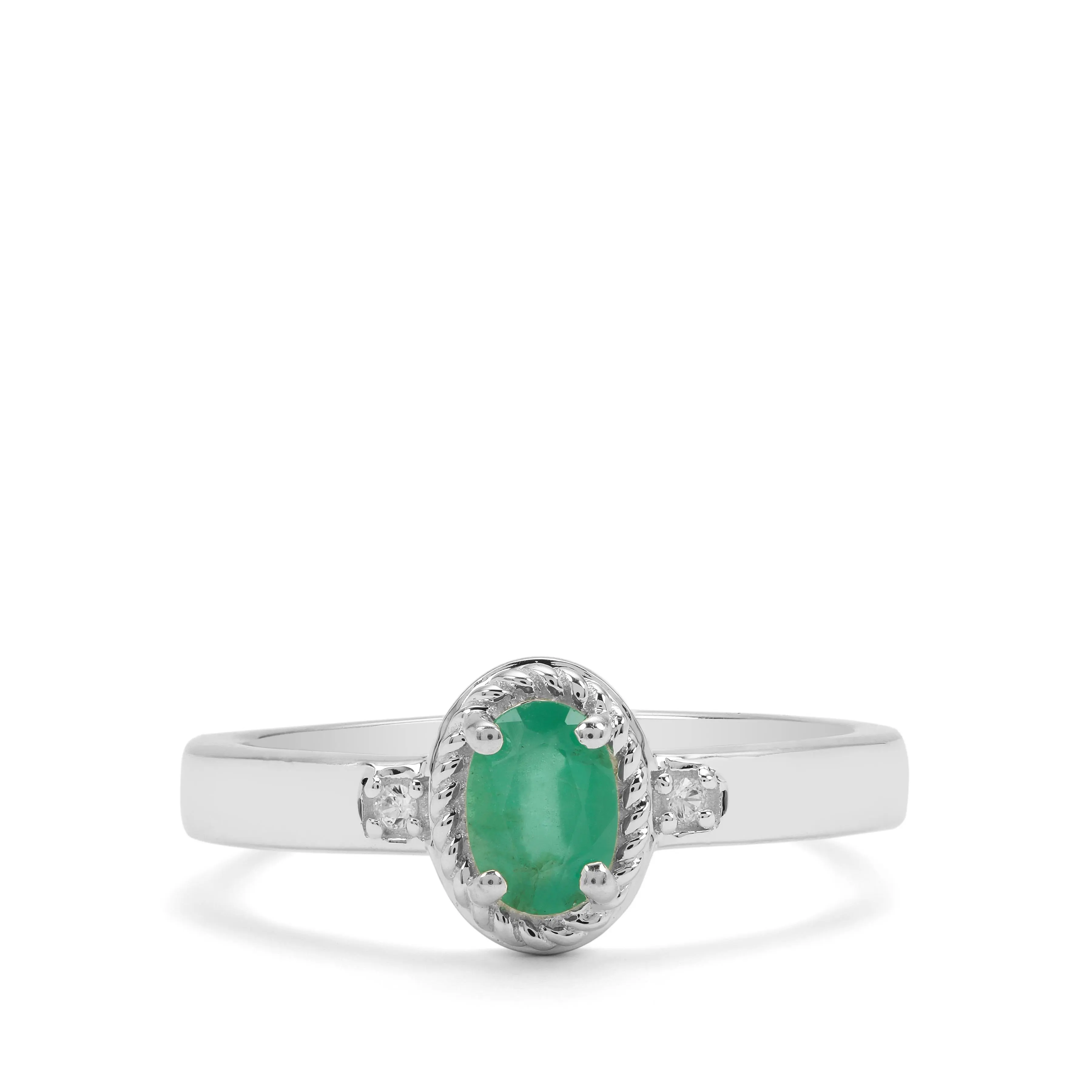 Zambian Emerald & White Zircon Silver Ring