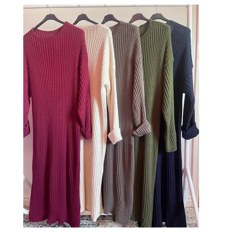 Women's Long Cozy Knit Dress with Turn Up Sleeves - Casual Maxi Dress for Curvy Jumper - Womenswear Winter Comfortable Elegant Evening 0