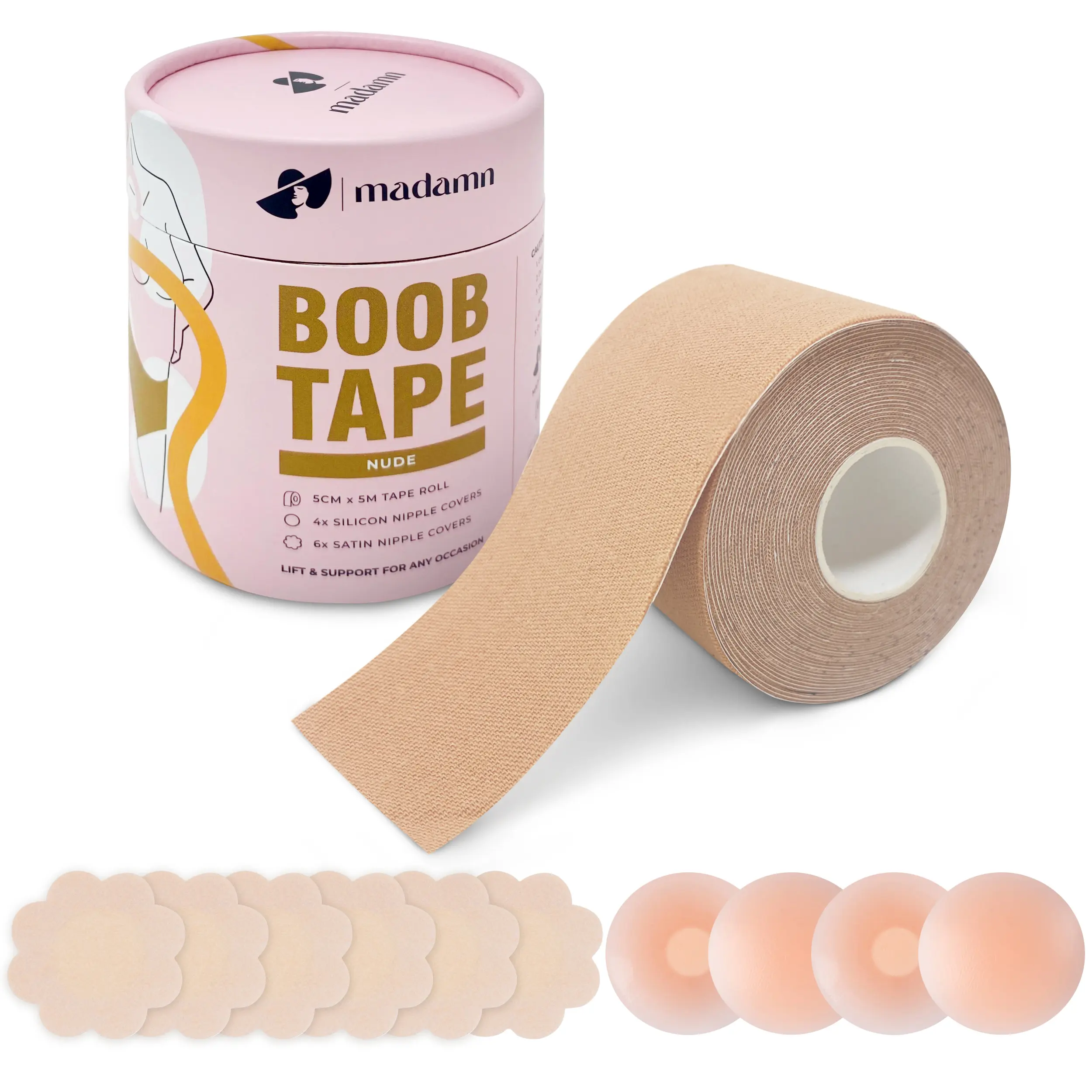 Madamn Boob Tape Set for Women, 5m Extra Long Roll Boobtapes with Nipple Covers, Adhesive Bra for Multipurpose, Breast Lift & Support for any Occasion