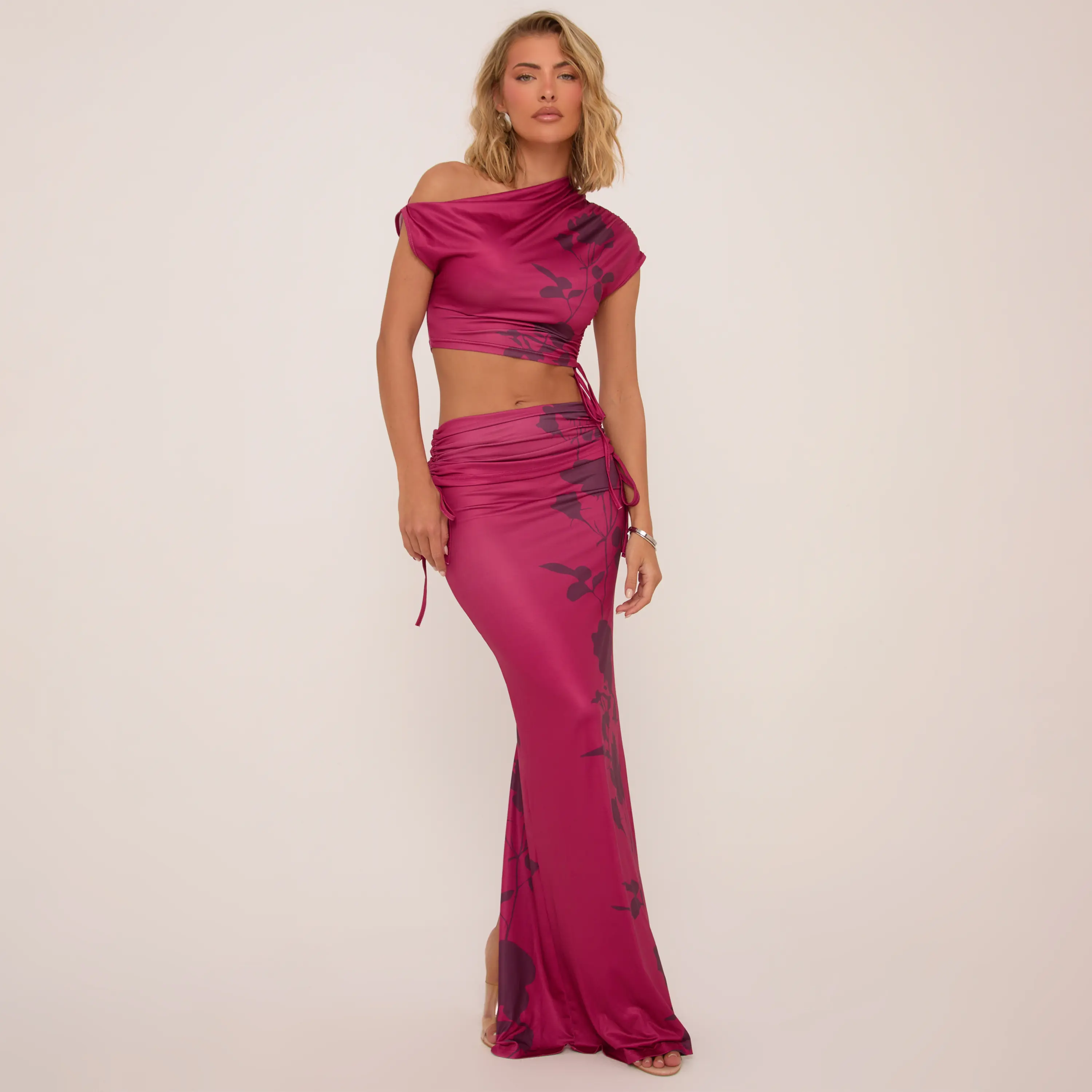 Ruched Asymmetric Crop Top And High Waist Maxi Skirt Co-Ord Set