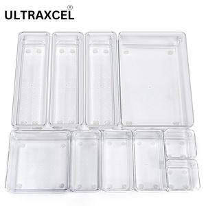 Desk Drawer organizer Set of 10pc Trays with 4-Size Clear ULTRAXCEL Plastic Storage Boxes Divider Make-up Organizer for Kitchen Bedroom Office (Transparent Container Lightweight
