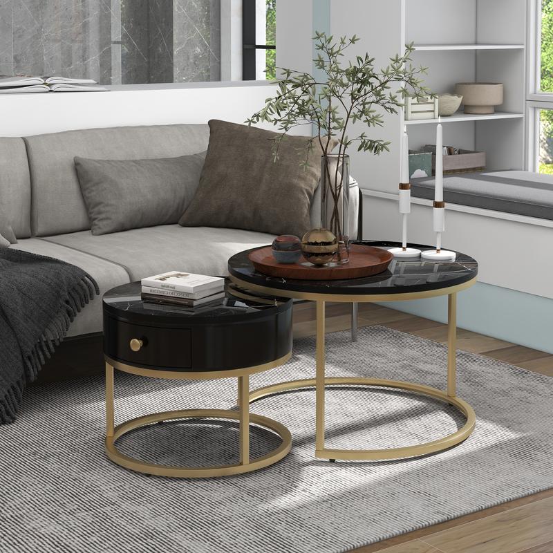 2024 High Quanlity 2-in-1 round MDF coffee table with 1 high-gloss table top and 1 side table with brown tempered glass tabletop, living room coffee table set with 2 drawers, 70*70*45 + 50*50*40 cm Modern Furniture Coffee Table for Living Room 5