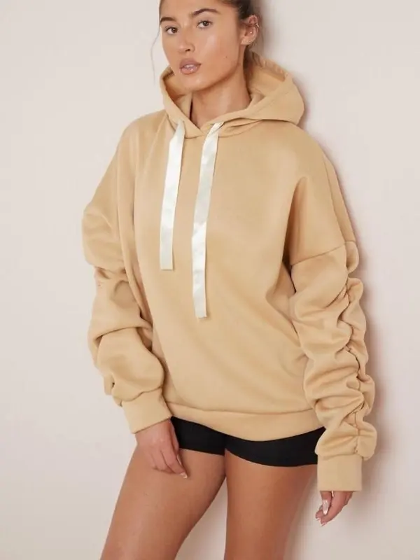 STY Women's Ruched Sleeve Oversized Ladies Ribbon Hoodie Jumper top Casual Plain Soft Womenswear Drawstring Sweaters Style hoodies 5