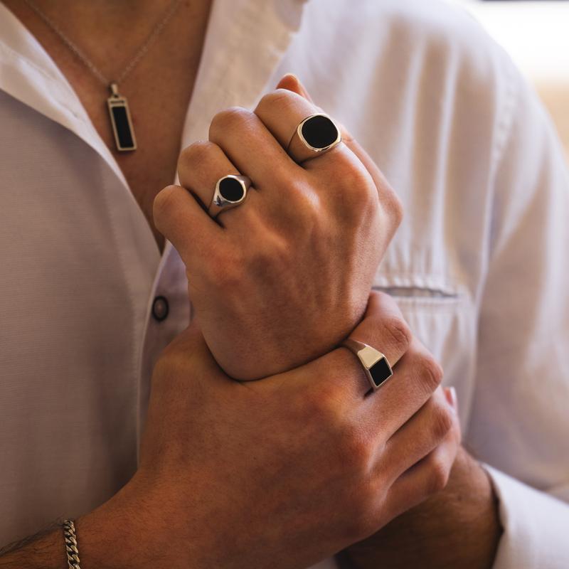 Square Onyx Ring - Silver Onyx Gemstone Signet Ring For Men 3
