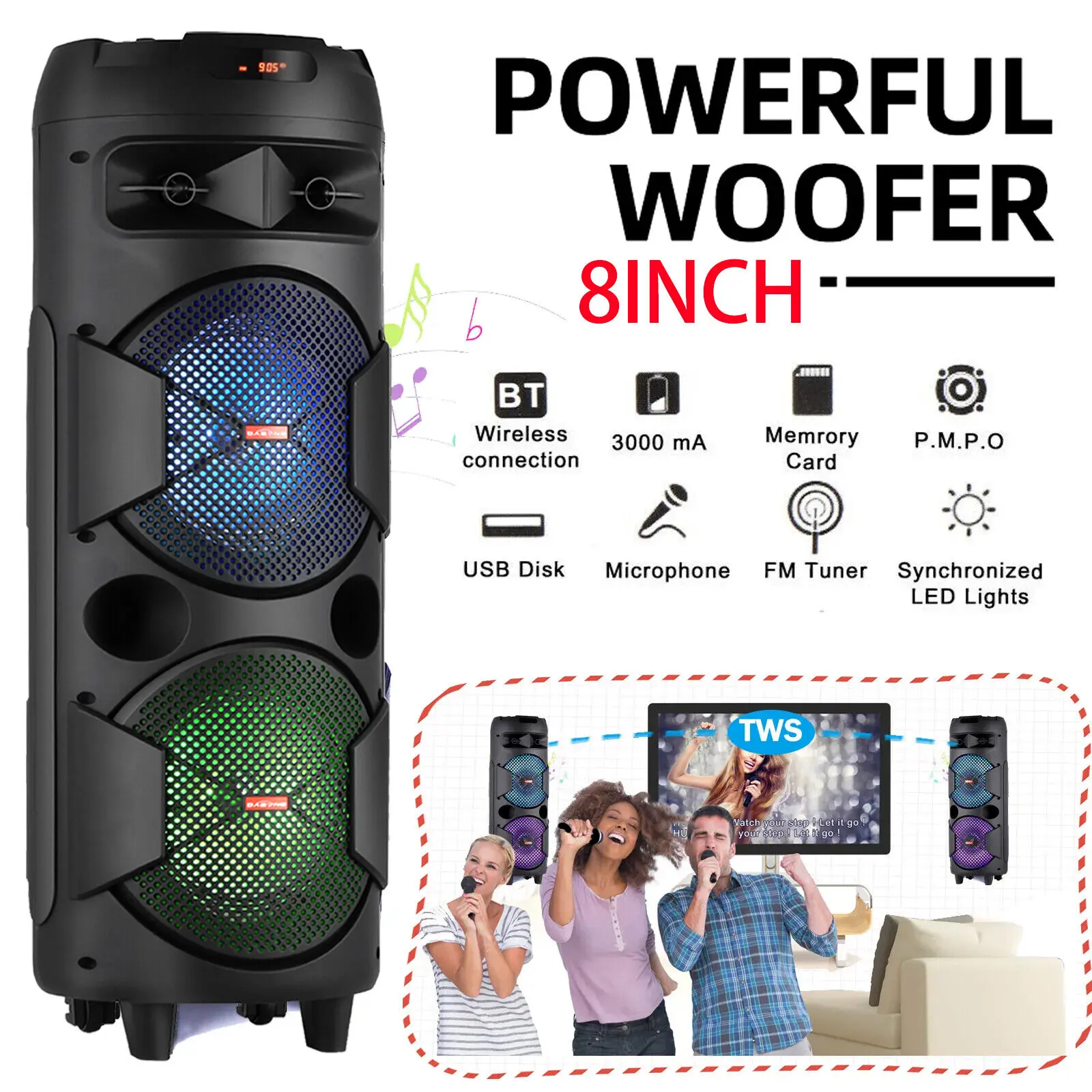 6000W Portable Bluetooth Party Speaker Dual 8" Woofer Heavy Bass Sound + Mic LED