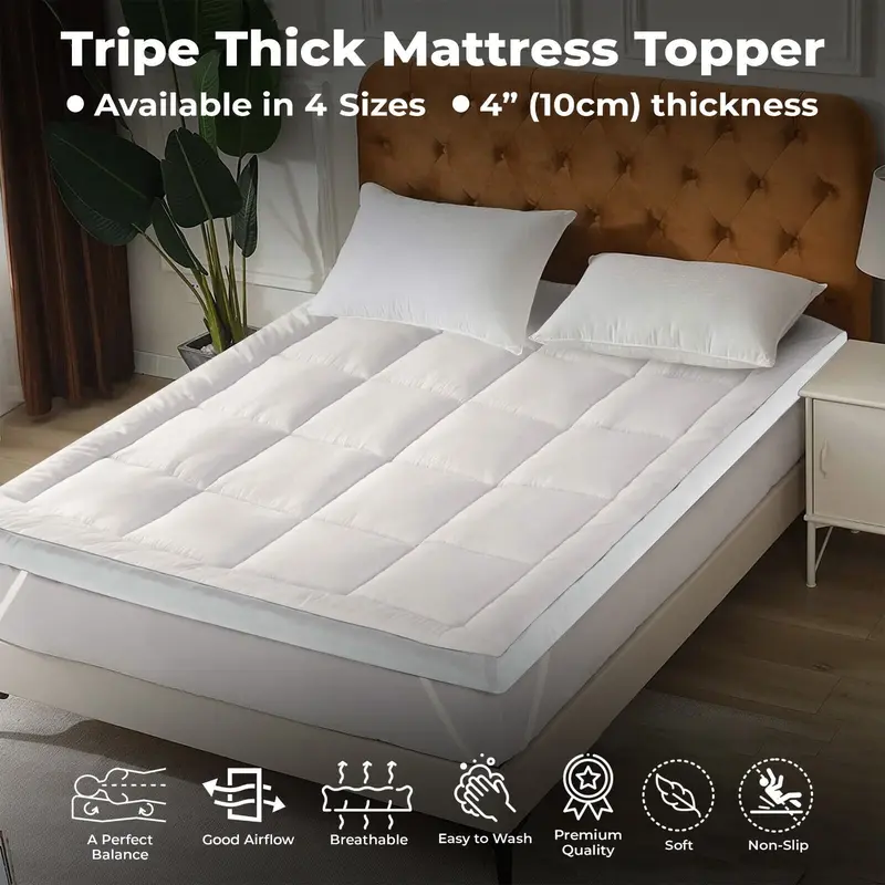 Mattress Topper 10cm Luxury Soft Hotel Quality Microfiber 4" inch Deep Breathable Soft Quilted Non-Allergenic Mattress Topper With Straps, Washable Cotton Single Double King Super King All Sizes comfort 0
