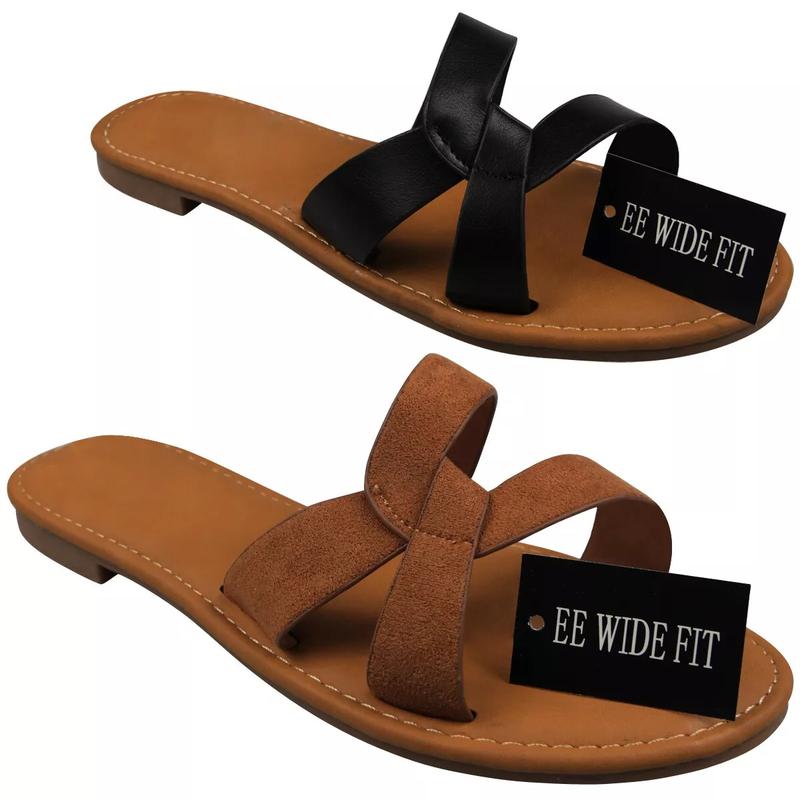 F00406 Womens Wide Fit Mules Slip On Summer Sliders 1