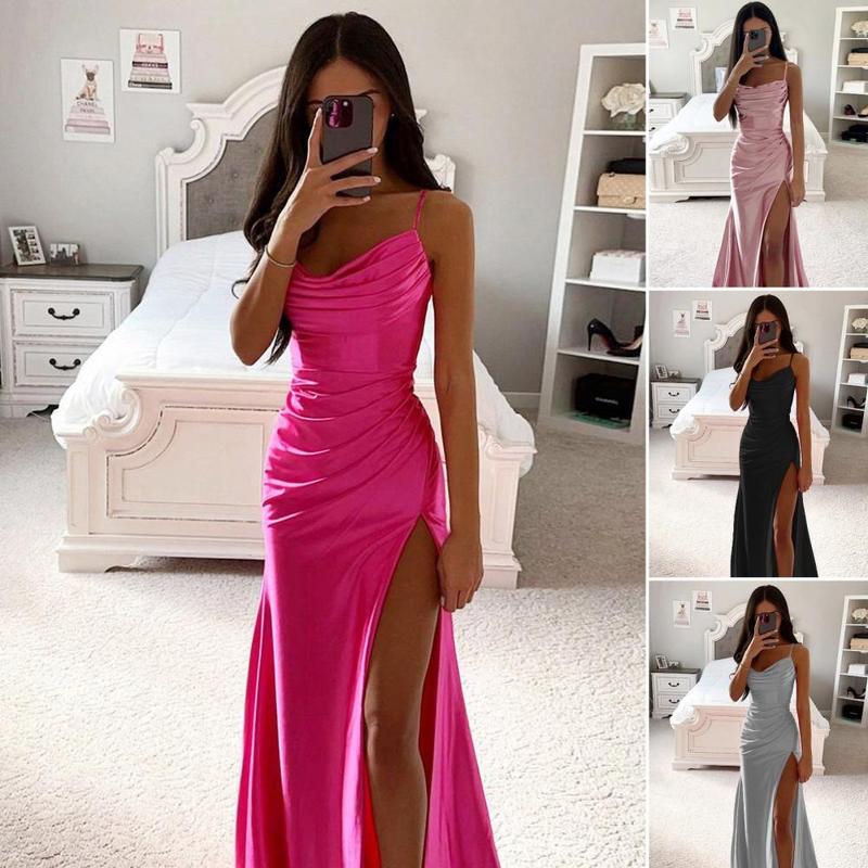 Product Introduction of Summer Women's Sexy Vintage Tulle Long Dress  Spaghetti Strap Satin Pleated Low-cut V Neck High Split dress Party Gown Ball 1