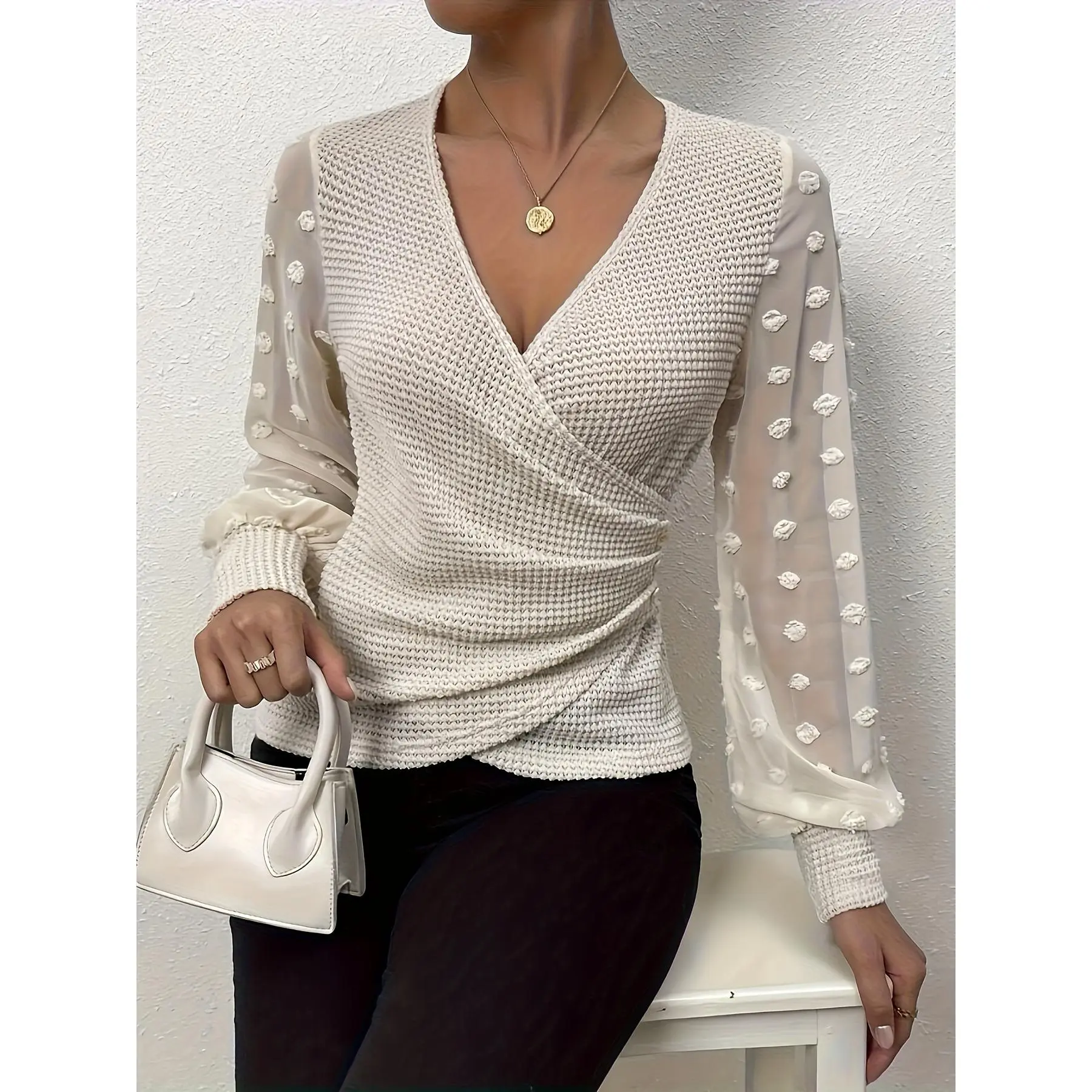 Women's V-Neck Wrap Style Blouse with Button Detail - Casual Polyester Blend Top with Long Sleeves and Solid Color Design for Spring/Fall Season - Weaved Polyester 95%, Elastane 5%