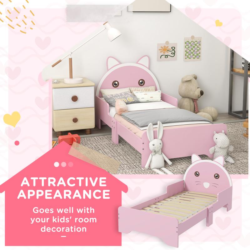 ZONEKIZ Toddler Bed Frame, Kids Bed Cat Design Princess Bed Bedroom Furniture with Guardrails, for 3-6 Years Old, 143L x 74W x 72Hcm - Pink 2