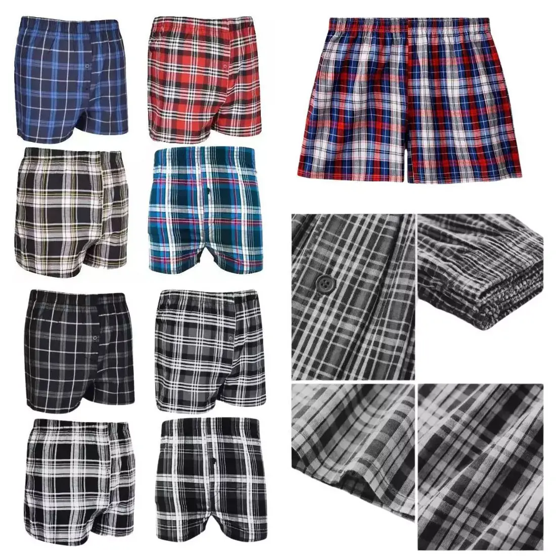Mens Elasticated Waist Rich Cotton Checked Print Woven Boxer Shorts Underpants Adults Breathable Soft Stretchy Button Fly Multipack Assorted Underwear