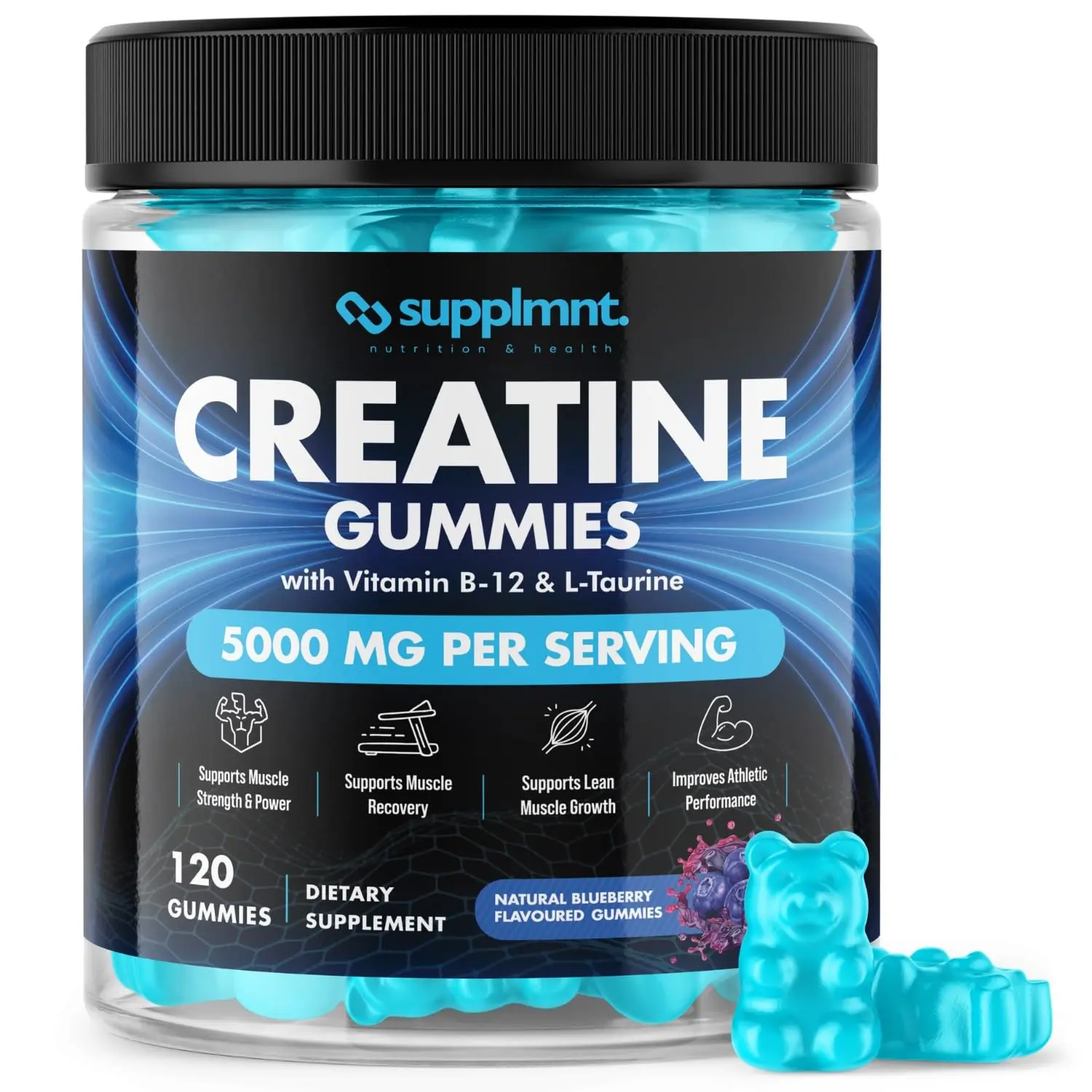 Creatine 120 Gummies Max 5000mg for Men & Women Creatine Monohydrate Plus B12 and L-Taurine Chewable Gummies, Blueberry Flavour 1 Month Supply (1 Count (Pack of 120), Blueberry) Dietary Edible