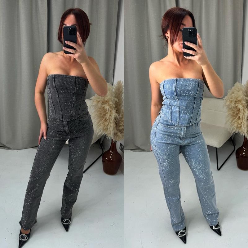Product Introduction of Diamonte Rhinestone Jeans High Waist Christmas Party Trousers - A1089/046 Womenswear Bottom Pants Comfort Basic Dark Grey Denim Minimalist stretch  tummy  control  jeans Fitted 4
