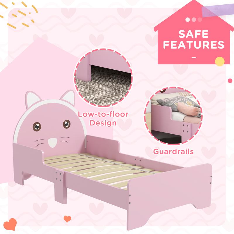 ZONEKIZ Toddler Bed Frame, Kids Bed Cat Design Princess Bed Bedroom Furniture with Guardrails, for 3-6 Years Old, 143L x 74W x 72Hcm - Pink 3