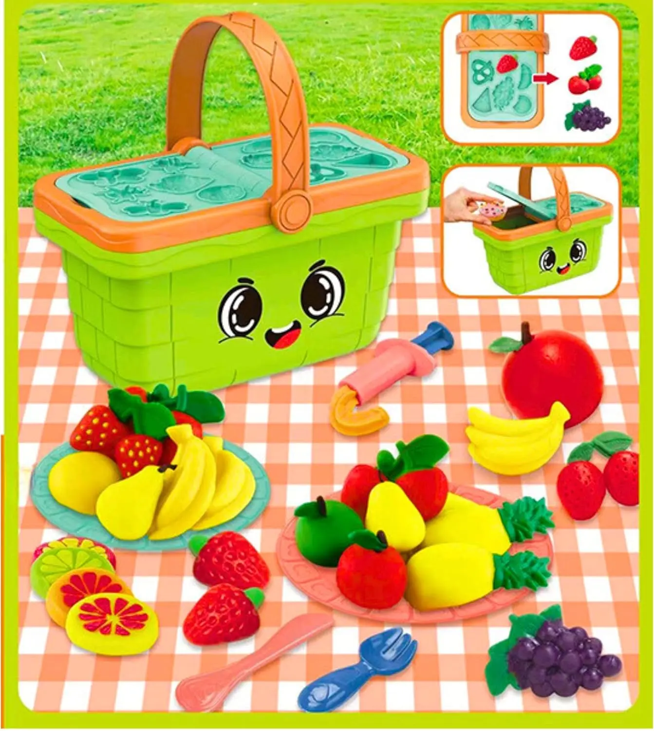 8672 Picnic Basket Clay Set for Kids - 23 PCS Fruit & Veg Molds with 10 Colorful Magic Dough Tubs - DIY Outdoor Food Pretend Play - Soft Modeling Dough Tools - Creative Play for Boys & Girls Occupations BPA Free stacking toy modelling kit