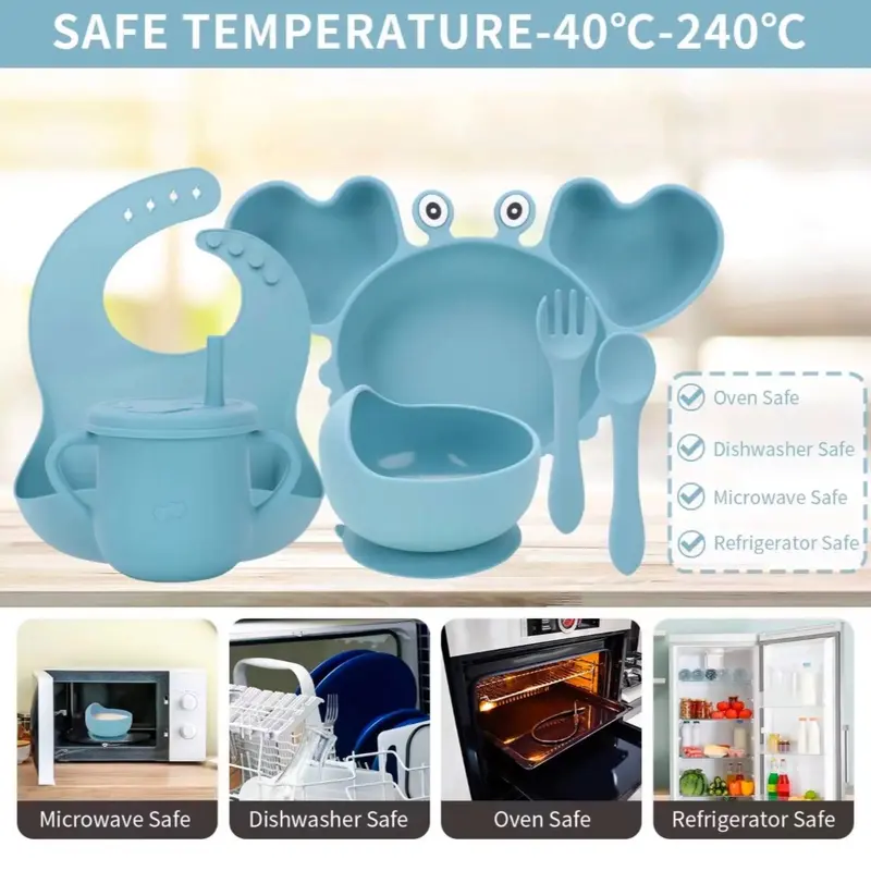 Crab Baby Toddler Weaning Set with Silicone Bib, Suction Bowl, Plate, Spoon, and Cup 3