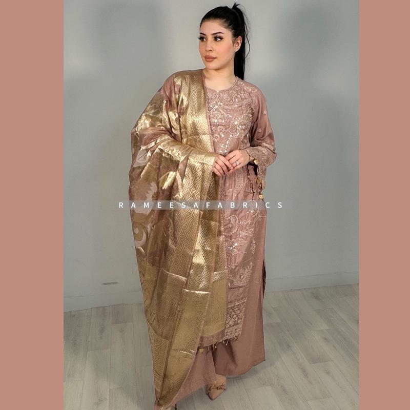 Linen Embroidery collection with Jacquard Dupatta available in 4 stunning colours size range Small to X-Large Kameez length 48” Suit 1