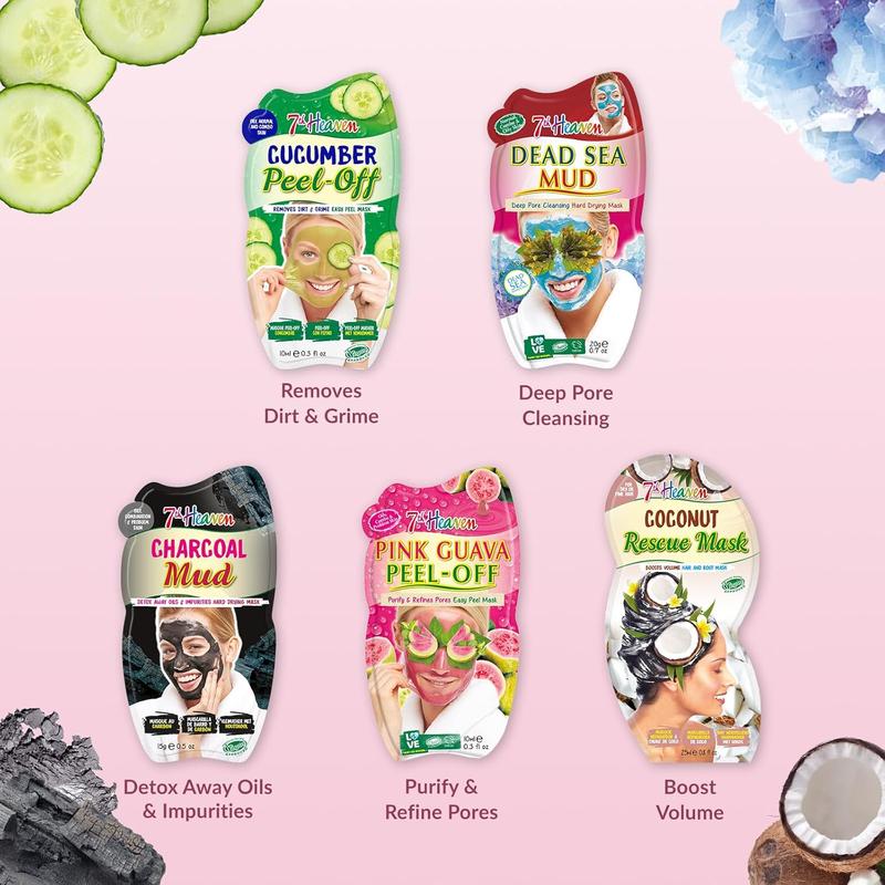 7th Heaven Pamper Hamper Skincare Set - 9 x Face Masks Skincare, 1 x Hair Masks for Dry Damaged Hair and 1 x Body Puff - Gift Set of Peel Off Face Masks & Clay Face Mask Sachets Skin Repair Comfort 2