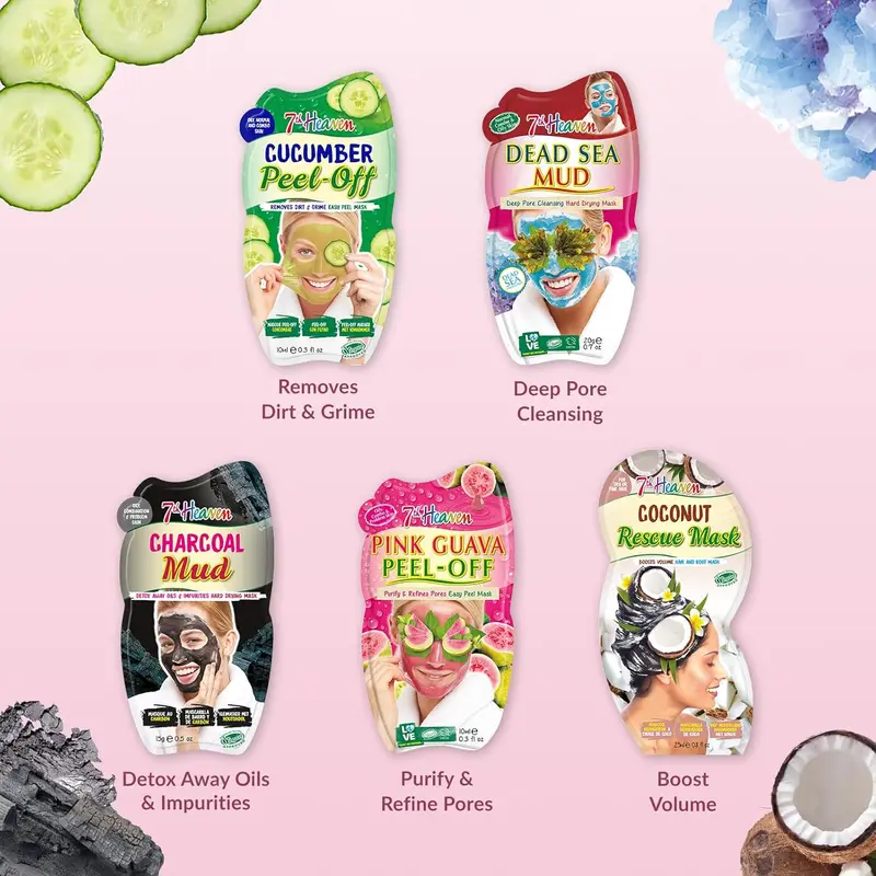 7th Heaven Pamper Hamper Skincare Set - 9 x Face Masks Skincare, 1 x Hair Masks for Dry Damaged Hair and 1 x Body Puff - Gift Set of Peel Off Face Masks & Clay Face Mask Sachets Skin Repair Comfort 2