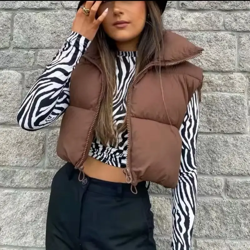 Women's Short Down Sleeveless Vest with Zipper Jacket - Quilted Cropped Coat for Casual Fashion - Tops, Womenswear Comfort Basic Minimalist 6