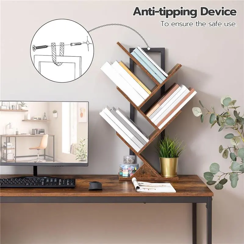 Tree Bookshelf, Tree Shaped Book Shelves, Floor Free Standing Desktop Bookshelf, Display Book Magazine CDs Rack, Rustic Brown EBF04SJ01G1 5