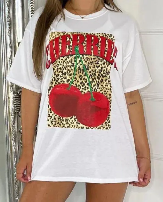 House Of Aliya Ladies Women's  Short Sleeves CHERRIES Leopard Print Baggy T-Shirt Top Comfortable 1