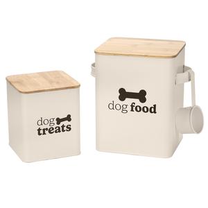 Set of 2 Dog Food Storage Tins with Airtight Lids, Handles & Scoop - Dog Food Dog Treats Storage Organiser with Serving Scoop - Galvanised Steel with Airtight Bamboo Lid