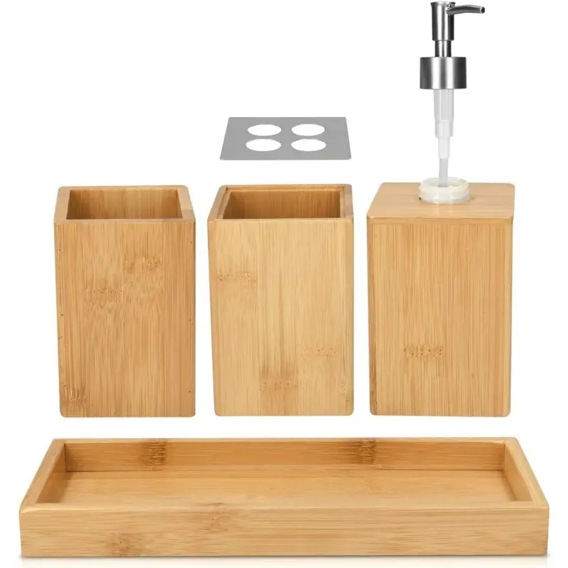 Bamboo Bathroom Accessories Set - 4-Piece Bath Set with Toothbrush Holder, Soap Dispenser, Storage Container, Organiser Tray - Natural Wood 3