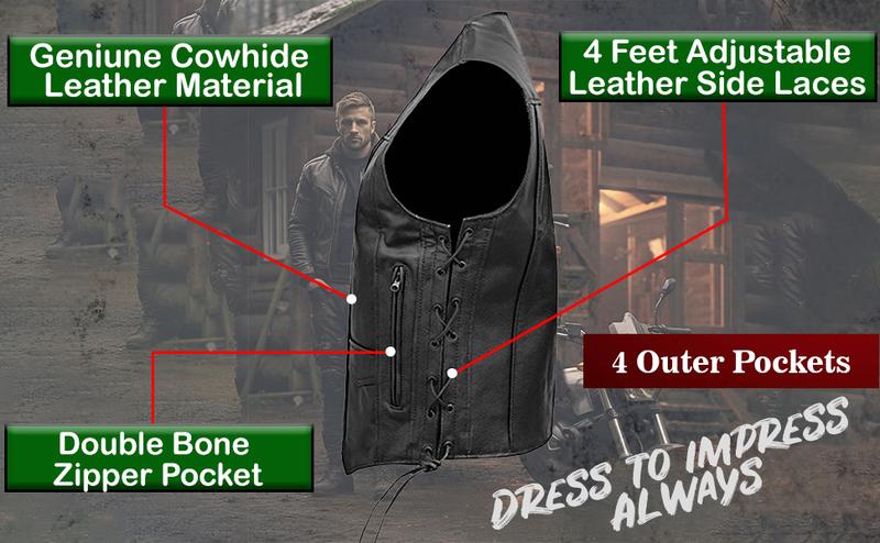 Product Introduction of Men's Black Leather Waistcoat with Side Laces and Multiple Pockets 2 Concealed Carry Gun Pockets Riding Biker Vest 3