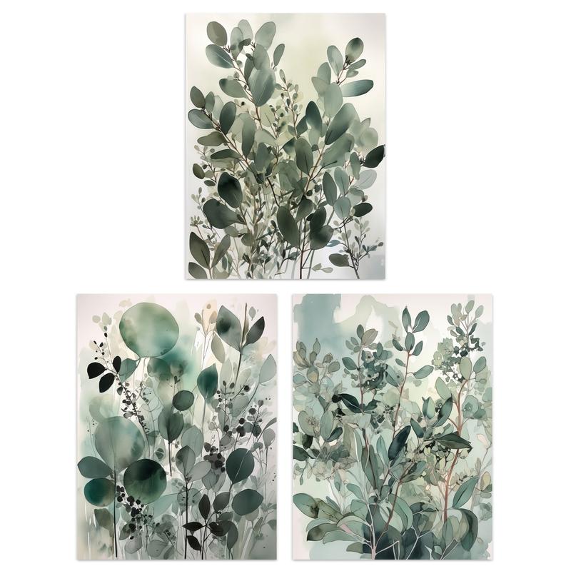 Set of 3 A4 Botanical Plants Sage Green Watercolour Eucalyptus Leaves Boho Artworks Unframed Wall Art Living Room Poster Prints Pack Decor Ornaments Decoration  Photo 0