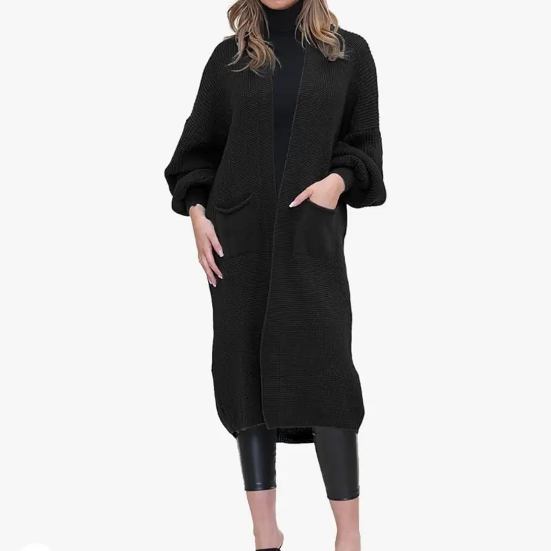 Long Ladies Balloon Sleeve Cardigan Oversized Pocket Chunky Weave Knitted Ribbed Jumper Comfort Knitwear 1