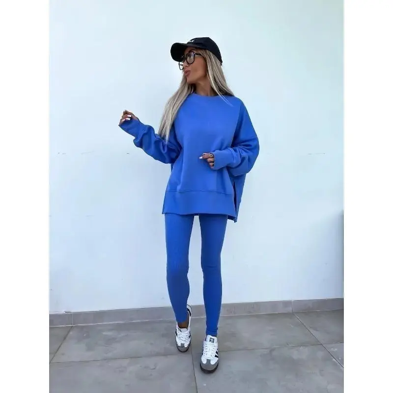 【2024】Autumn new women's leisure suit solid color round neck loose pullover hoodie yoga ribbed skinny pants Female fall two-piece set