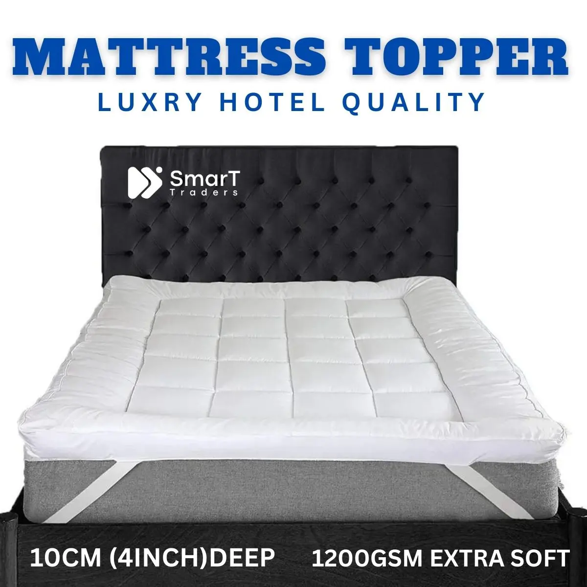 Luxury Hotel Quality Microfiber Mattress Topper - 1200 GSM Heavy Fill, 4 Inch/10cm Deep - Soft, Breathable, Non-Allergenic - Single/Double/King/Super King Sizes Available