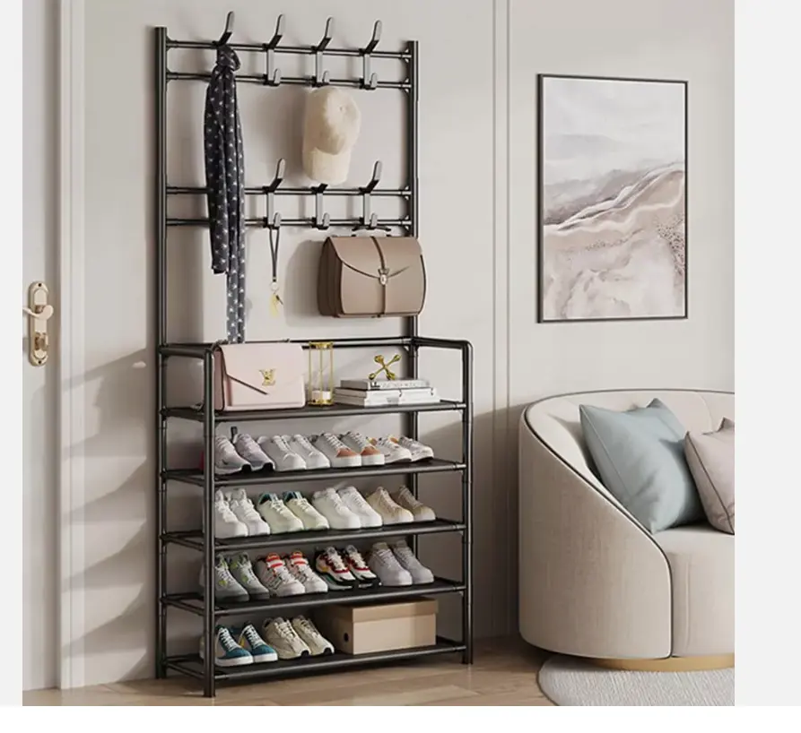 New Coat and Hat Stand 8 Hooks Metal Shoe Rack 5 Tiers Shelf Hanger Black Organiser Smooth Standing holder Hanging Hangable