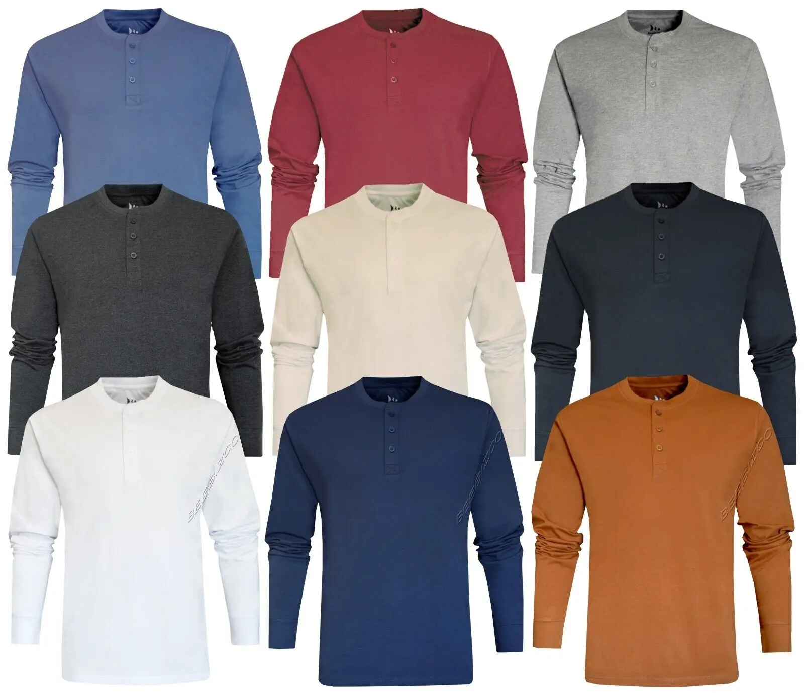 Beebizco Mens Henley Long Sleeve Jersey Plain T-shirt Grandad Neck Top Casual Menswear