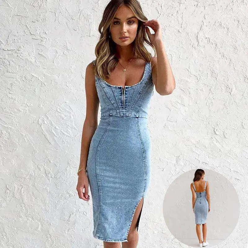 New U-neck Suspender Denim Dress Summer Casual Tight Slim Fit Dresses With Slit Design Womens Clothing Womenswear Polyester Comfortable Simple Fashion