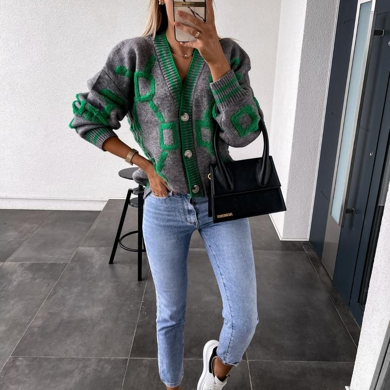 Women's Colorblock Contrast Binding Button Front Cardigan, Casual Drop Shoulder Long Sleeve V Neck Cardigan Sweater for Winter  & Fall, Ladies Knitwear for DailyWear, Workwear, Preppy 80s Clothes 7