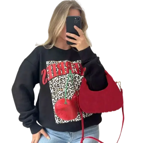 Ladies CHERRIES Slogan Cherry Leopard Print Pullover Baggy Sweatshirt Jumper 8-22 Womenswear Hoodie Sweaters  Women Long Sleeve Crewneck Tops 2