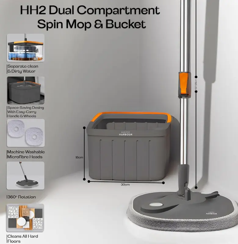 Home Harbour HH2 Spin Mop And Bucket Set 360 Spinning Wet & Dry Water Separation Wringing System Rotating Cleans Laminate, Wood & Tile Flooring With 2 Microfibre Mop Head Refills Adjustable Handle 5