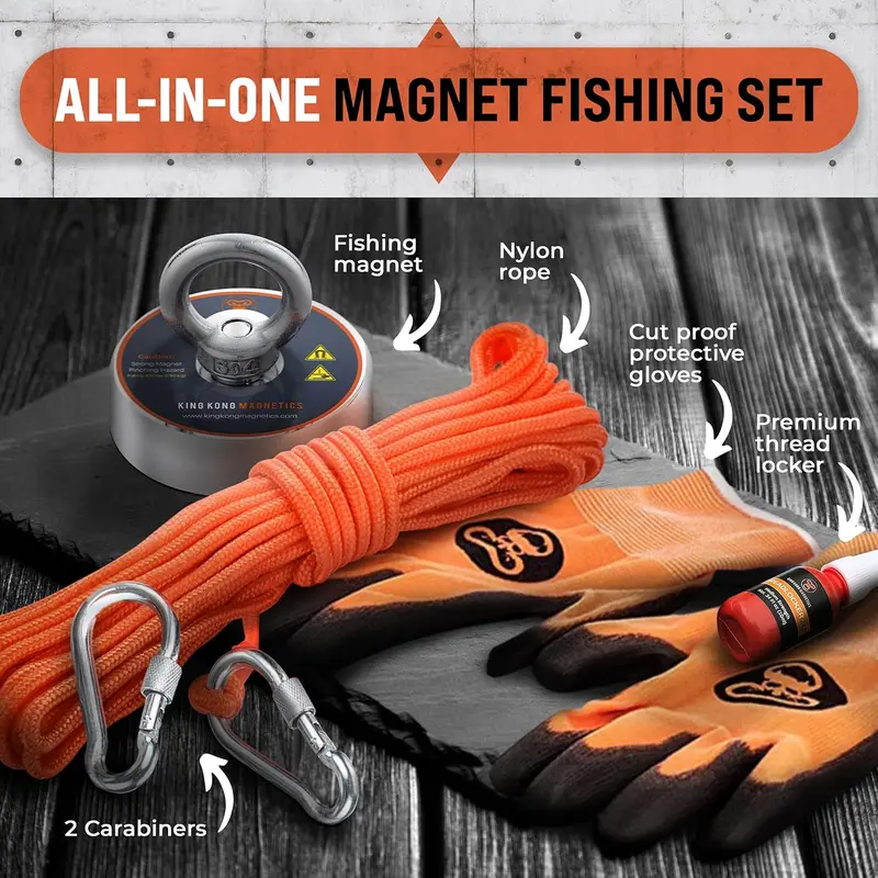 King Kong Magnetics 400 lbs Pulling Force Magnet Fishing Kit - 2.36 inch Strong Neodymium Fishing Magnets-Gloves, Nylon Rope, Thread Locker & Carabiners Included 1