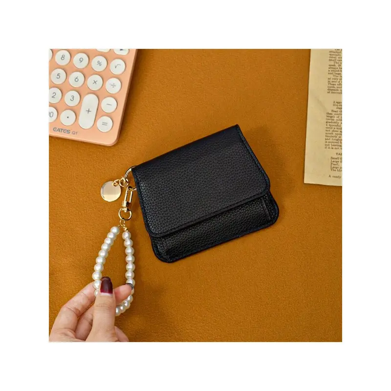 Korean Style Ins Short Simple Ultra-Thin Women Card Wallet Large Litchi Pattern Card Holder Mini Coin Purse Wallet Keychain Wristlet Wallet 1