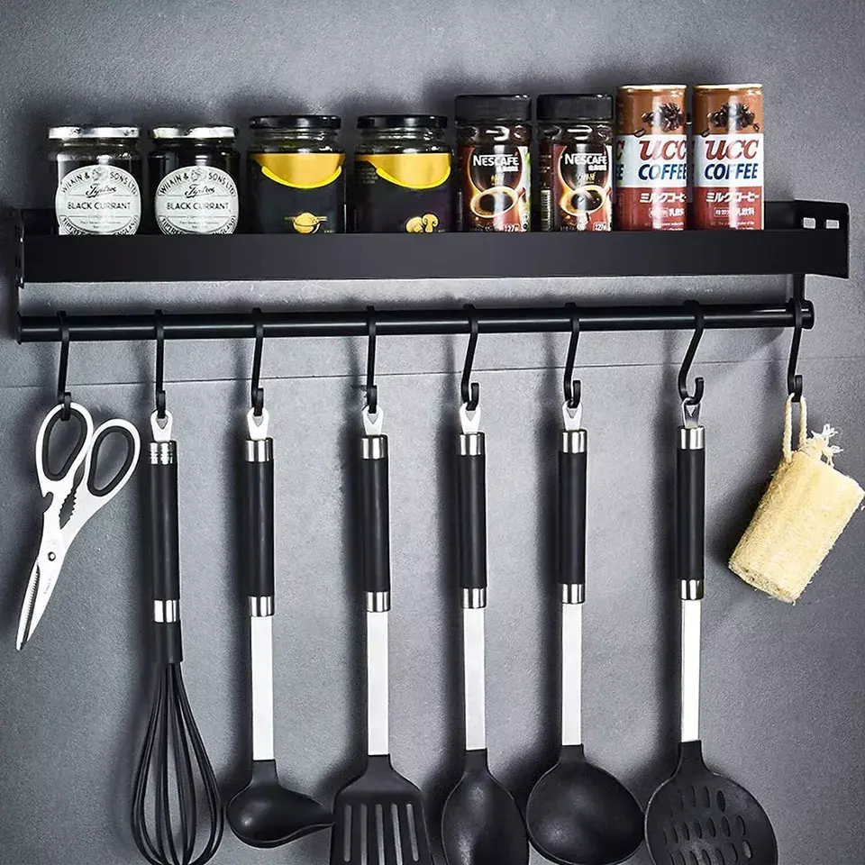 Kitchen Hook Rack Wall Mounted Utensil Rack Kitchen Shelf Organiser Spice Racks