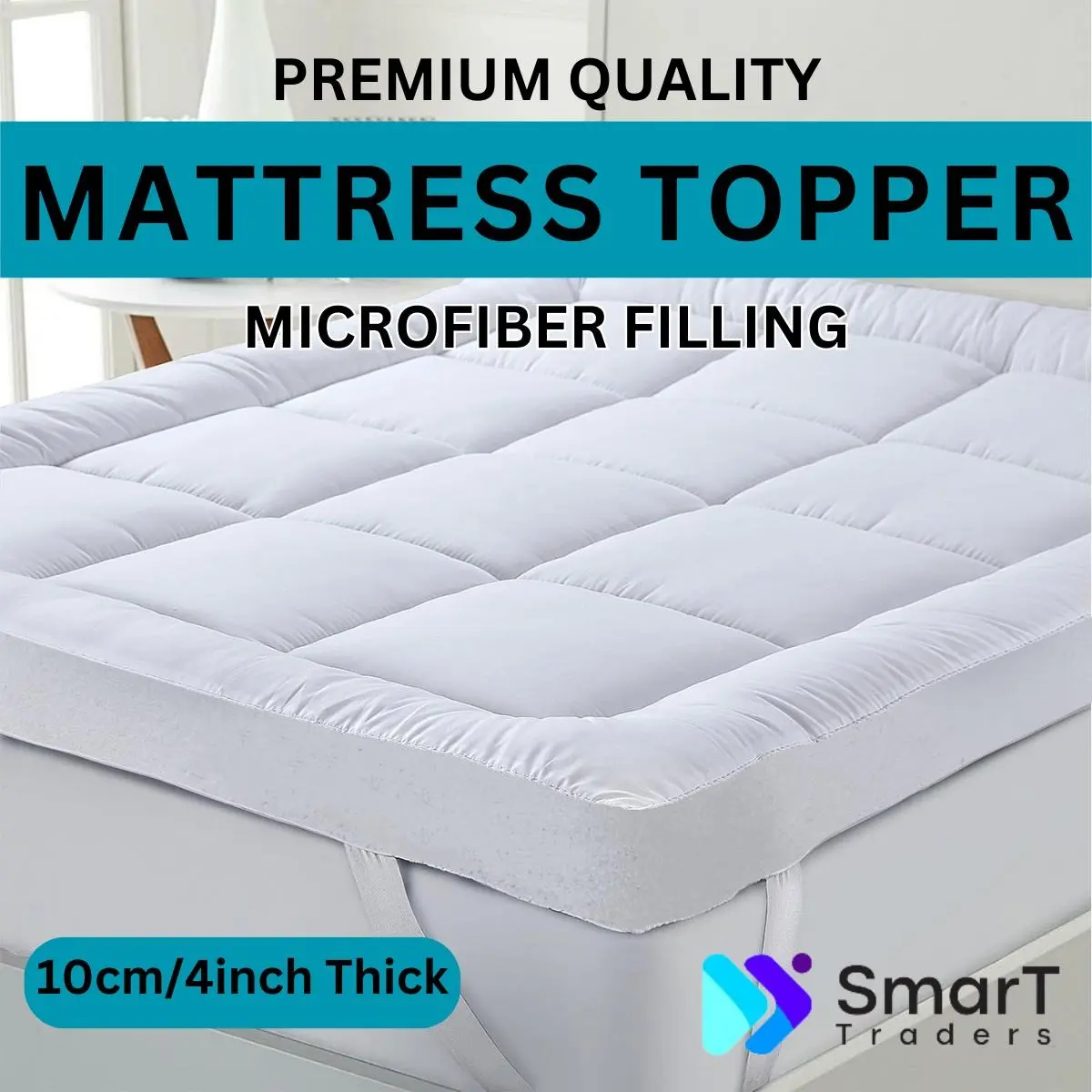 Luxury Mattress Topper, 4inch - 10cm deep Single/Small Double/Double/King/Super King Sizes, Plush Comfort & Support, Elastic Straps, Breathable Microfiber, White